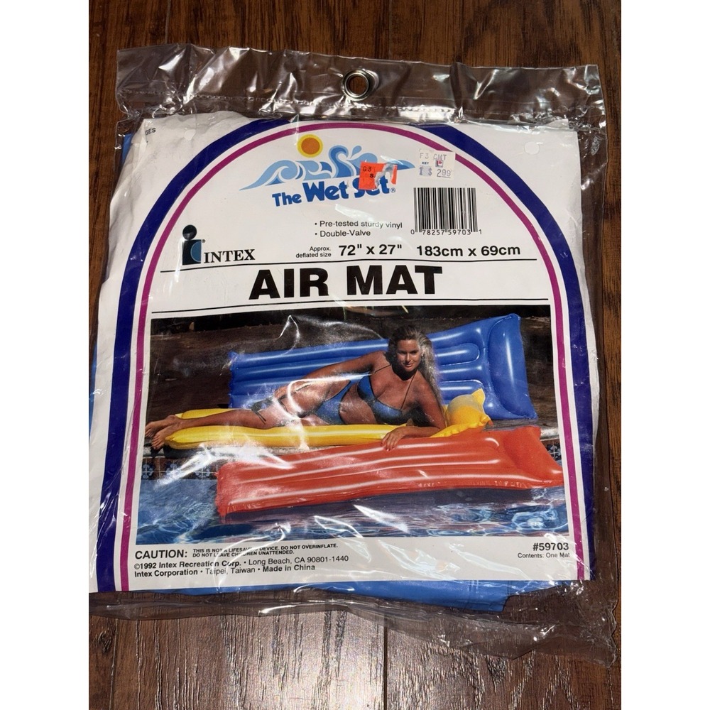 Vintage 1992 Intex The Wet Set Inflatable Air Mat Blue Vinyl‎ Pool Float NOS 72"